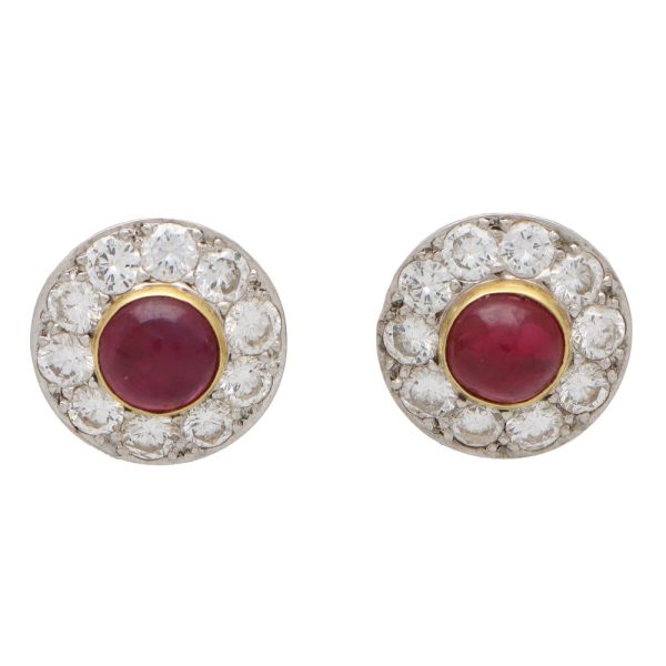 Vintage 2ct Cabochon Ruby and Diamond Cluster Stud Earrings