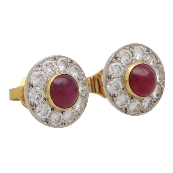 Vintage Cabochon Ruby and Diamond Cluster Earrings