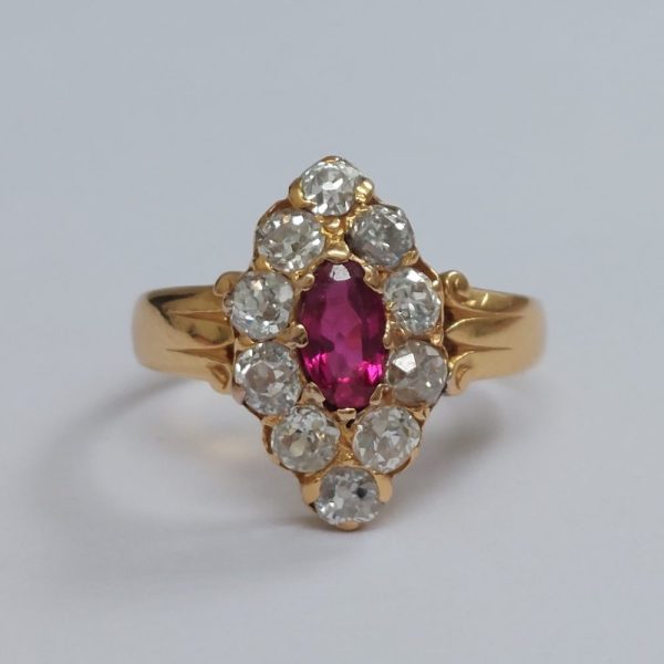 Antique Burmese Ruby and Old Cut Diamond Navette Ring