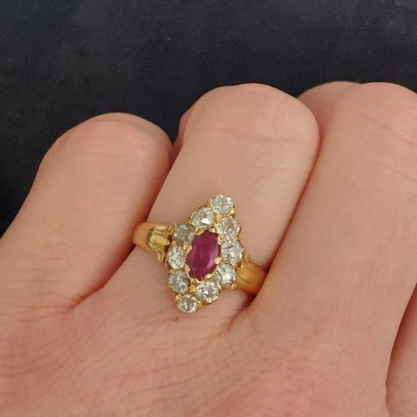 Antique Burmese Ruby and Old Cut Diamond Navette Ring