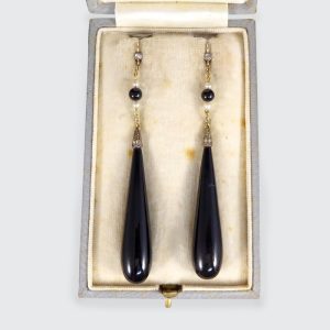 Antique Edwardian Onyx and Pearl Drop Earrings with Diamonds