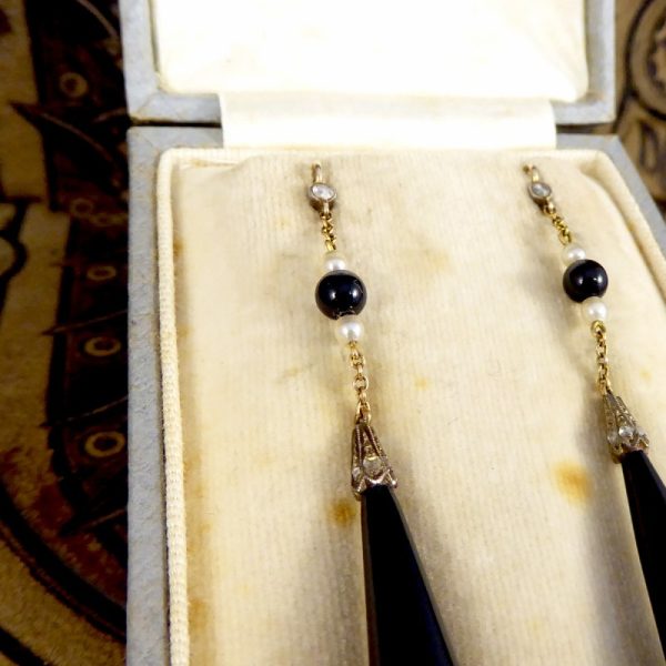 Antique Edwardian Onyx and Pearl Drop Earrings with Diamonds