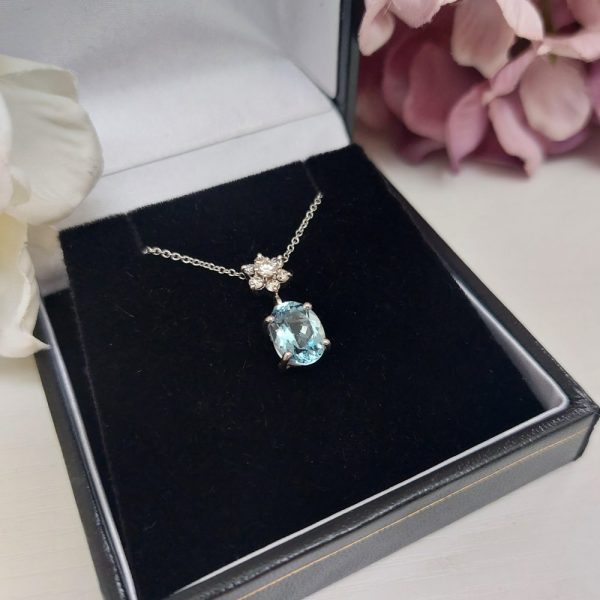 Aquamarine and Floral Diamond Cluster Pendant Necklace, 1.77ct