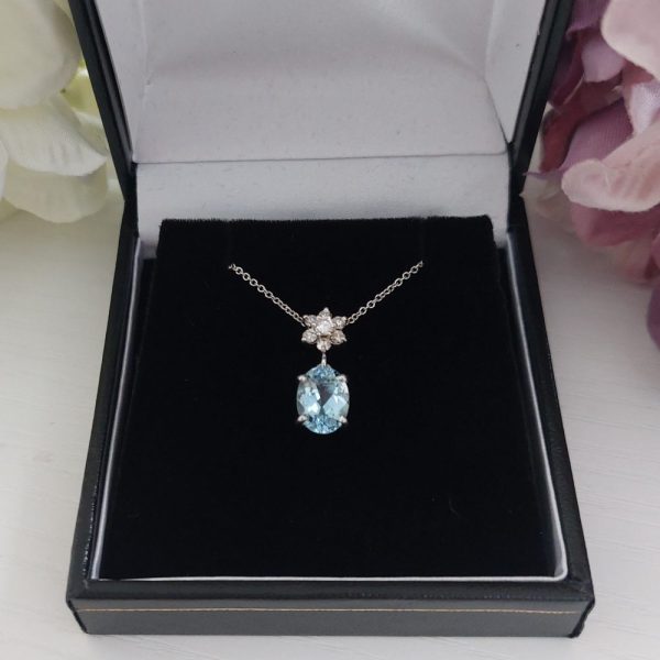 Aquamarine and Floral Diamond Cluster Pendant Necklace, 1.77ct