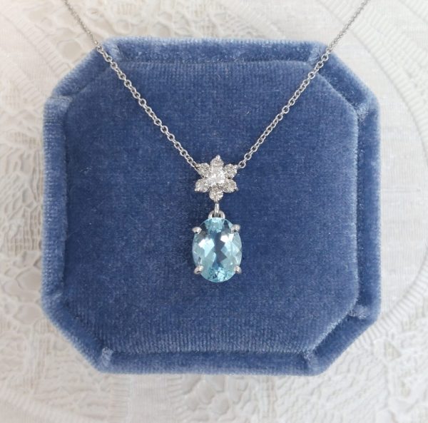 Aquamarine and Floral Diamond Cluster Pendant Necklace, 1.77ct