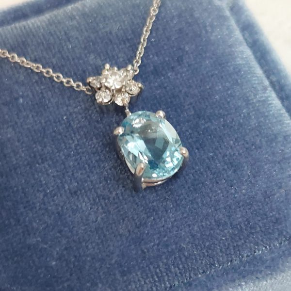 Aquamarine and Floral Diamond Cluster Pendant Necklace, 1.77ct