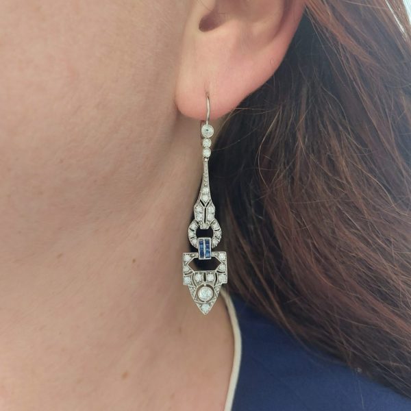 Art Deco Antique Diamond and Sapphire Drop Earrings
