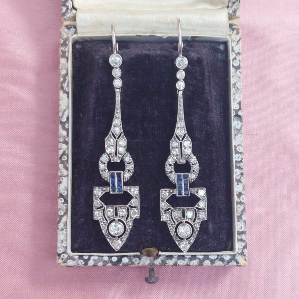 Art Deco Antique Diamond and Sapphire Drop Earrings