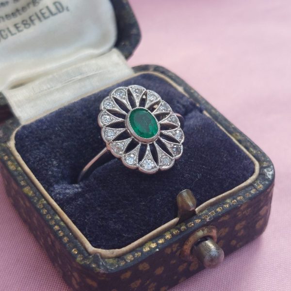 Art Deco Antique Emerald and Diamond Cluster Ring