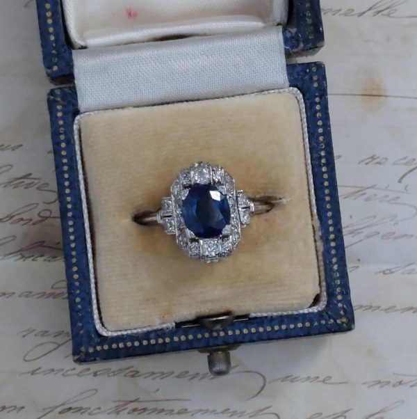 Art Deco Antique Sapphire and Diamond Cluster Ring, 1.29ct