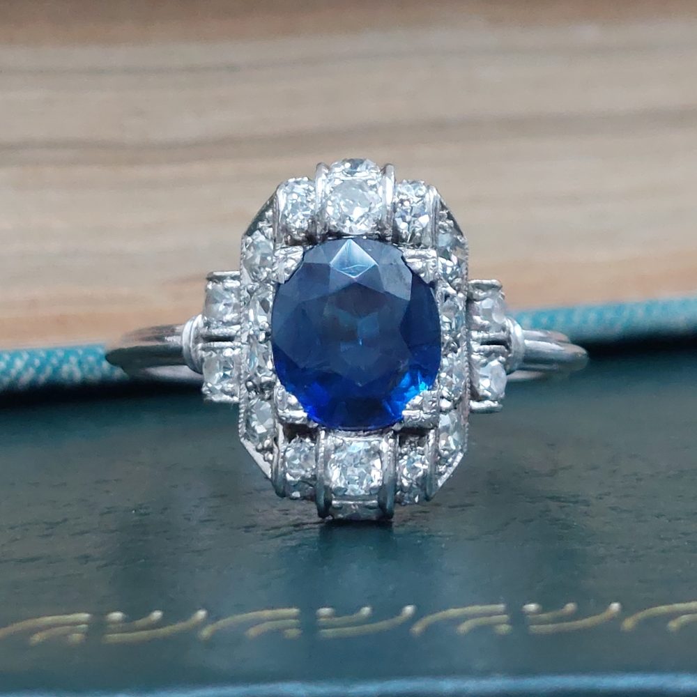 Vintage Inspired Platinum Three Stone Sapphire and Diamond Engagement –  Firstpeoplesjewelers.com