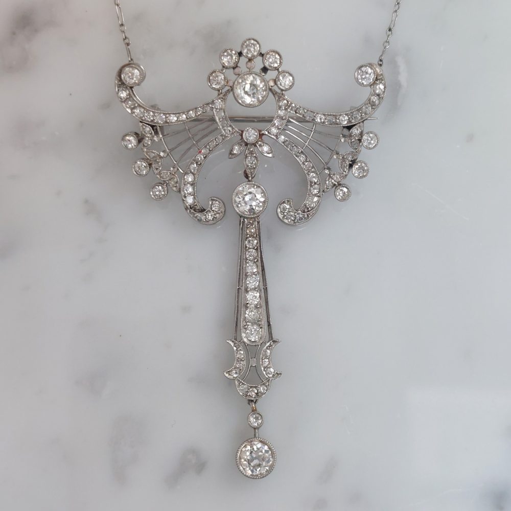 Belle Epoque Antique Diamond Brooch Pendant Necklace