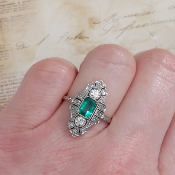 Edwardian Antique Emerald and Diamond Dress Ring