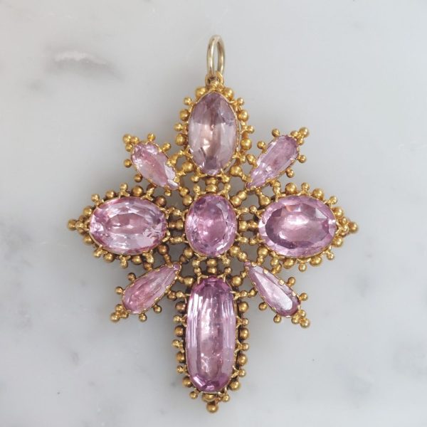 Georgian Antique Pink Topaz Cross Brooch Pendant