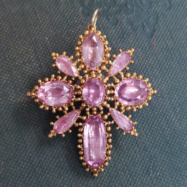 Georgian Antique Pink Topaz Cross Brooch Pendant