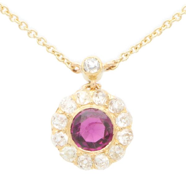 Antique Victorian Almandine Garnet and Old Cut Diamond Cluster Pendant