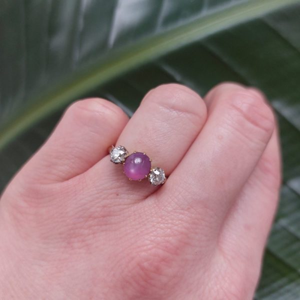 Vintage 2.50ct Star Ruby and Old Mine Cut Diamond Three Stone Ring