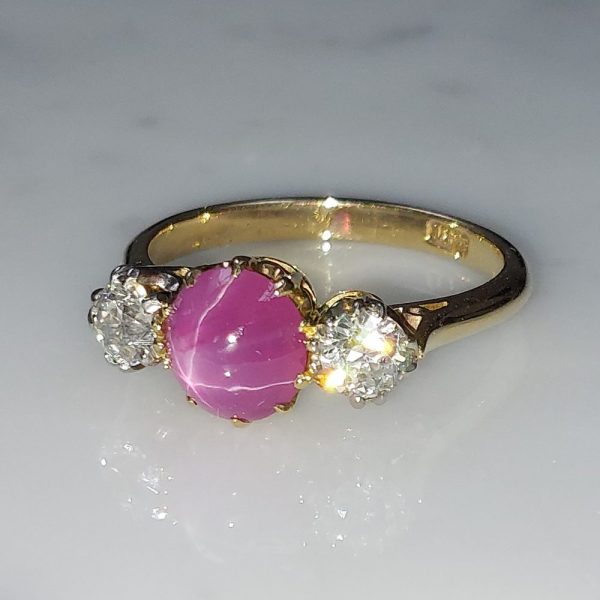 Vintage 2.50ct Star Ruby and Old Mine Cut Diamond Three Stone Ring