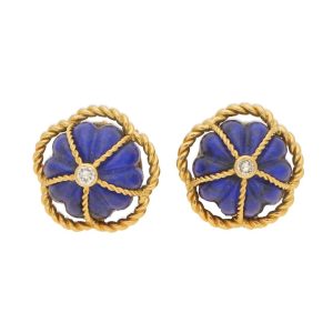 Vintage 1970s Carved Lapis Lazuli and Diamond Domed Clip On Earrings