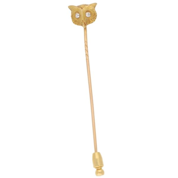 Owl Gold Tie Stick Pin with Diamond Eyes