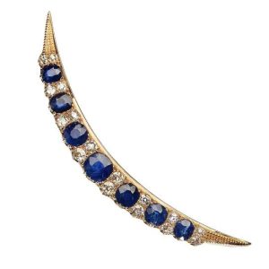 Antique Victorian Sapphire Diamond And Gold Crescent Brooch