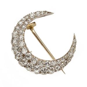 Antique 4ct Old Mine Cut Diamond Crescent Moon Brooch, two rows of graduating old mine-cut diamonds totalling 4 carats in silver-upon-gold, Circa 1880