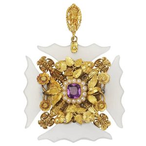 Antique Georgian Chalcedony Amethyst Natural Pearl and Gold Cross Pendant