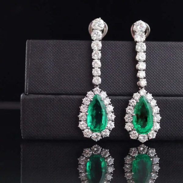 Vintage 8.67ct Old Mine Pear Shaped Colombian Emerald and Diamond Cluster Drop Earrings