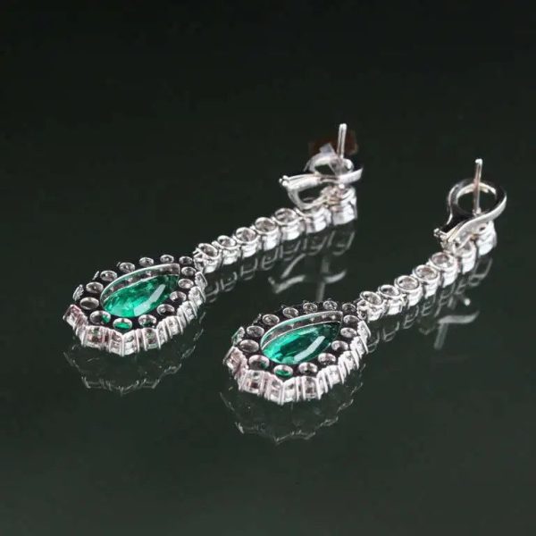 Vintage 8.67ct Pear Cut Colombian Emerald and 7.50ct Diamond Cluster Drop Earrings in 18ct White Gold