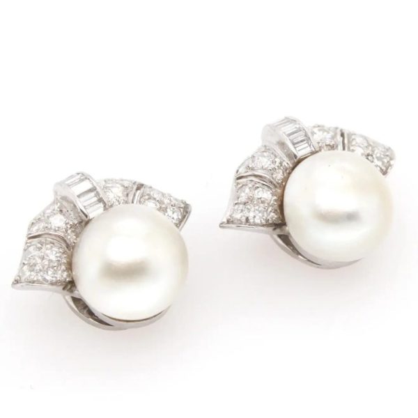 Art Deco Natural Pearl and Diamond Clip On Earrings