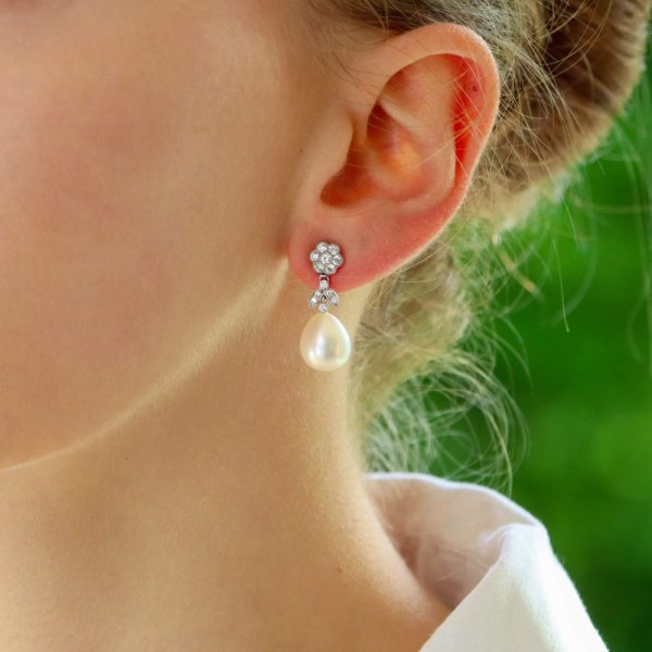 Convertible Pearl and Diamond Cluster Drop Earrings with Detachable Studs