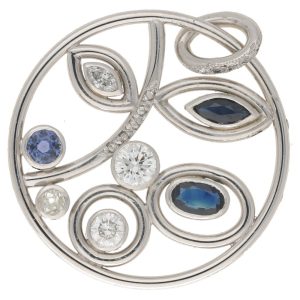 Contemporary 18ct White Gold Openwork Floral Pendant with Diamonds and Sapphires