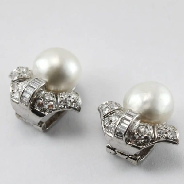 Art Deco Natural Pearl and Diamond Clip On Earrings