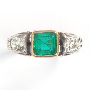 Antique Georgian Colombian Emerald and Diamond Three Stone Engagement Ring