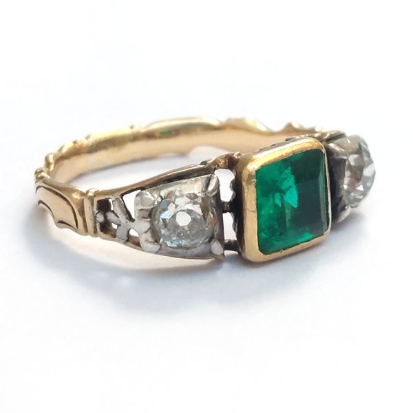 Antique Georgian Colombian Emerald and Diamond Three Stone Engagement Ring