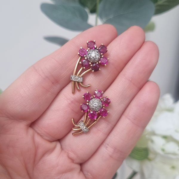 Edwardian Antique Diamond and Ruby Flower Cluster Earrings