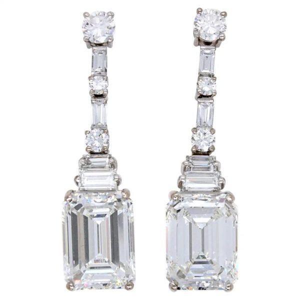 GIA Certified Art Deco Emerald Cut Diamond Drop Earrings, over 10 carats