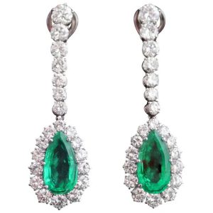 Vintage 8.67ct Colombian Emerald and Diamond Cluster Drop Earrings