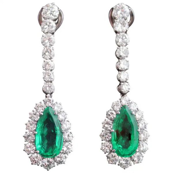 Vintage 8.67ct Colombian Emerald and Diamond Cluster Drop Earrings