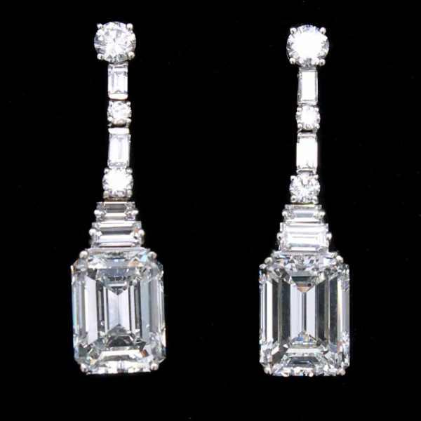 GIA Certified Art Deco Emerald Cut Diamond Drop Earrings, over 10.50 carats