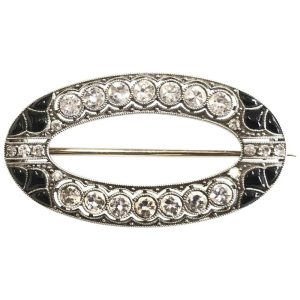 Art Deco Onyx and Diamond Oval Brooch