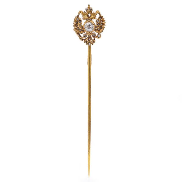 Antique Russian Faberge Workmaster Helenius Gold Pin with Diamond