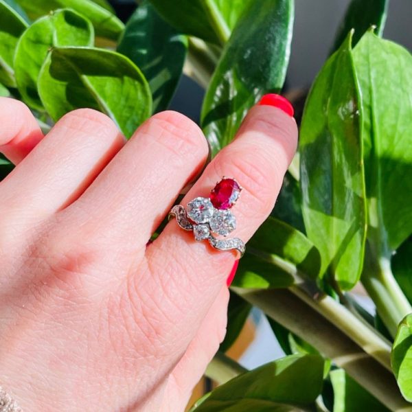 1.20ct Natural Burmese Ruby and 2ct Diamond Three Stone Trefoil Ring