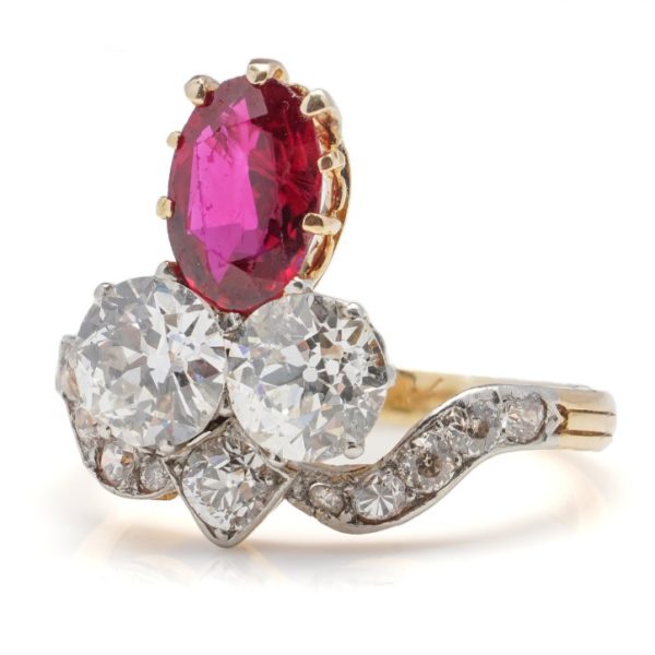 Late Art Deco 1.2ct Natural Burma Ruby and Diamond Trefoil Ring