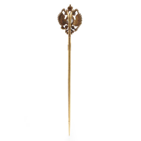 Antique Russian Faberge Workmaster Helenius Imperial Gold Pin with Old Cut Diamond