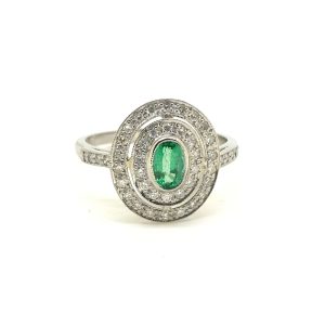 Contemporary 0.50ct Emerald and Diamond Double Halo Cluster Ring