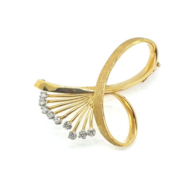 18ct Yellow Gold Twisted Loop Spray Brooch with Diamonds