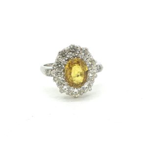 Yellow Sapphire and Diamond Cluster Ring in Platinum