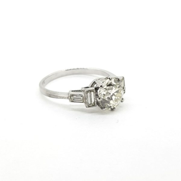 1.82ct Old Cut Diamond Solitaire Engagement Ring with Baguette Shoulders in Platinum