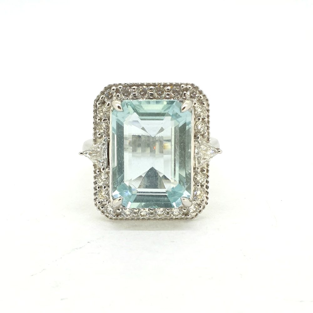 7.40ct Emerald Cut Aquamarine and Diamond Cluster Ring